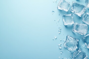 Ice cubes and fragments scattered on a blue background