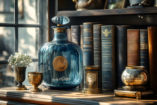 Vintage-B&uuml;cherregal mit edler blauer Kristallflasche und antikem Dekor
