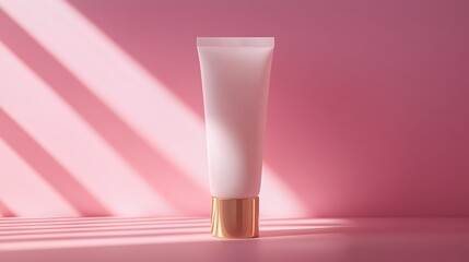 Luxurious body lotion in a matte white tube with a gold cap, showcasing the light pink emulsion inside, for a minimalist, hyper-realistic, clean cosmetic aesthetic
