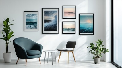 Several framed posters hang evenly spaced on a white wall in soft lighting
