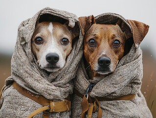 Cozy dogs huddle outdoors in winter