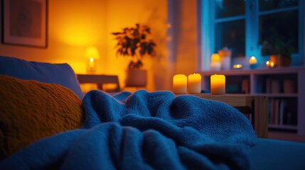 Cozy Interior with Warm Lighting, Candles, and Soft Textiles