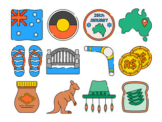 Flat design illustration set featuring Australian elements like the flag, boomerang, kangaroo, Sydney Harbour Bridge, and local foods. Perfect for cultural projects, travel, and tourism designs.