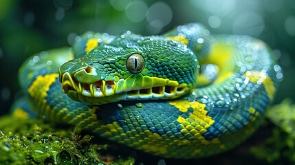 Fototapeta premium Vibrant green and yellow snake resting on a mossy branch in a lush, rain-soaked forest environment