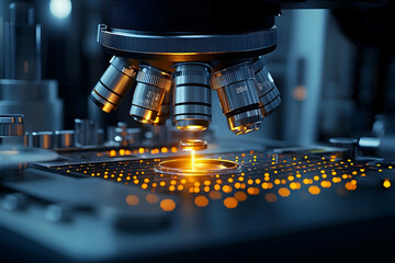 Close-up of a microscope with metallic lenses and an illuminated sample stage