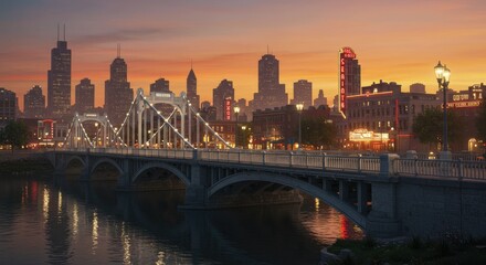 Fototapeta premium A nostalgic mid-century bridge spans a glowing cityscape reflecting vibrant neon lights.