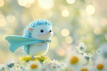 Obraz premium Adorable blue hedgehog wearing a cape stands on flowers in a sunny meadow.