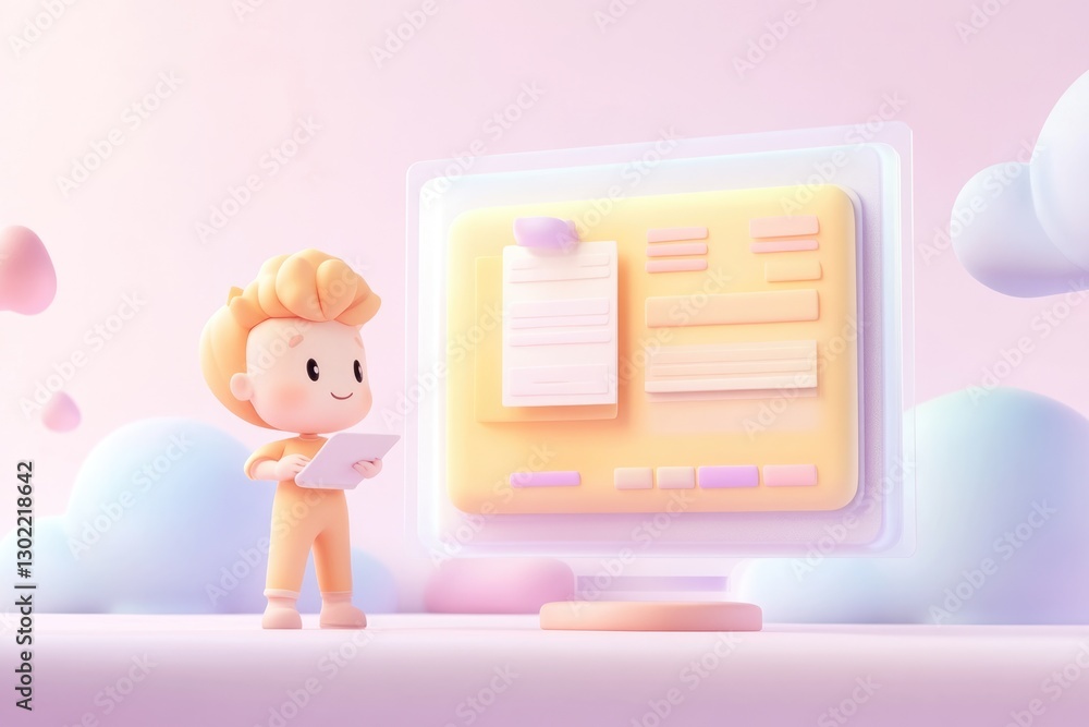 Poster a cute 3d cartoon child uses a tablet to interact with a pastel-colored computer interface.