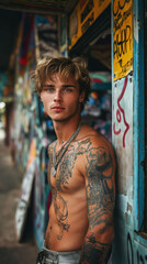 Naklejka premium A young rebel leans against a city bus stop, showcasing tattoos and chains, while making bold eye contact amidst colorful graffiti and advertisements in the background
