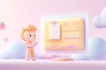 Obraz premium A cute 3D cartoon child uses a tablet to interact with a pastel-colored computer interface.