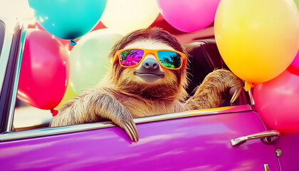 Cool sloth enjoying a colorful party vibe, purple car and vibrant balloons