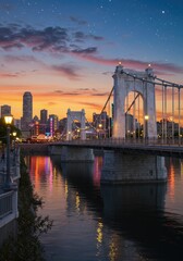 A nostalgic mid-century bridge spans a glowing cityscape reflecting vibrant neon lights.