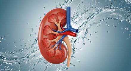 3D illustration of a kidney surrounded by water splashes
