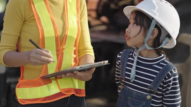 Teachers and students studying at a construction site.