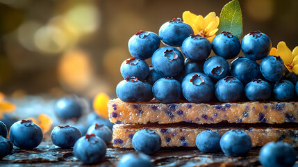 Close Up Stacked Blueberries On Crispy Crackers With Flowers