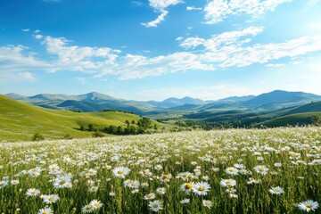 Obraz premium Charming pastoral scene showcasing vibrant daisy fields amidst rolling hills under a bright blue sky, ideal for nature lovers and outdoor adventurers seeking tranquility and beauty