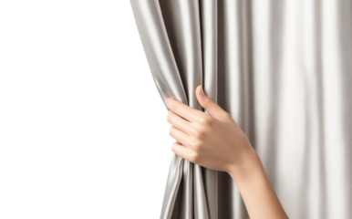 Female hand opening a silver colored curtain, isolated on transparent background