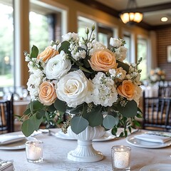 Peach & white roses centerpiece, elegant event