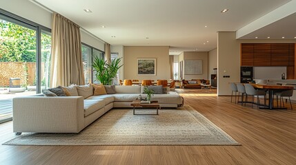 Spacious Living Area with Light Wood Laminate Flooring