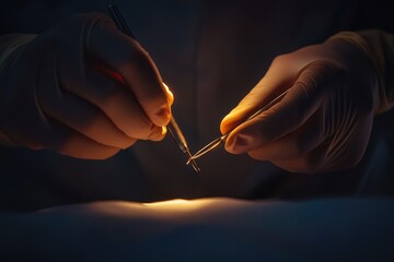 Gloved hands delicately manipulate surgical instruments under dim light, showcasing precision and care during a medical procedure.