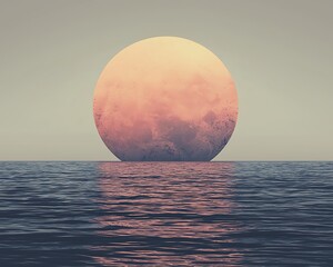 Pink planet rising over calm ocean