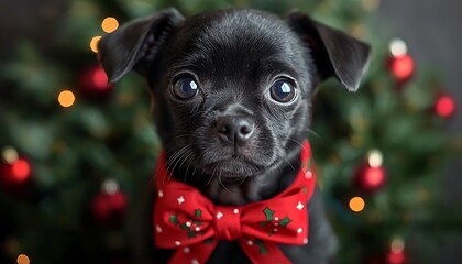 Festive Black Puppy Christmas Portrait