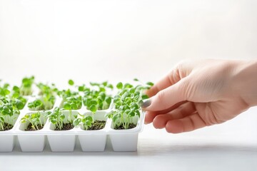 A hand gently touches a tray of vibrant green seedlings, showcasing early-stage plant growth.