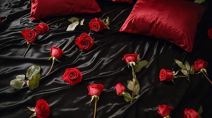 Red roses scattered on black silk bed