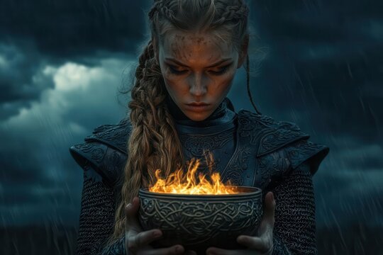 fierce viking shieldmaiden in ornate leather armor holding ancient bronze bowl with mystical flames, illuminating her weathered face under dramatic stormy skies