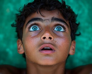 Boy's wide eyes, poolside wonder