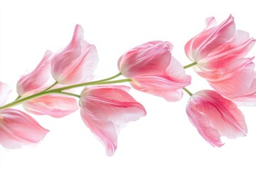 Fototapeta premium fresh pink tulips arranged in an elegant diagonal composition against pristine white background, with delicate petals catching soft light, creating negative space perfect for design elements
