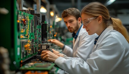 Technicians inspect circuit boards in factory