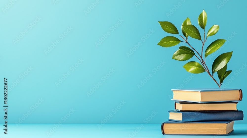 Poster a stack of old books with green leaves sprouting from the top representing the growth and connection