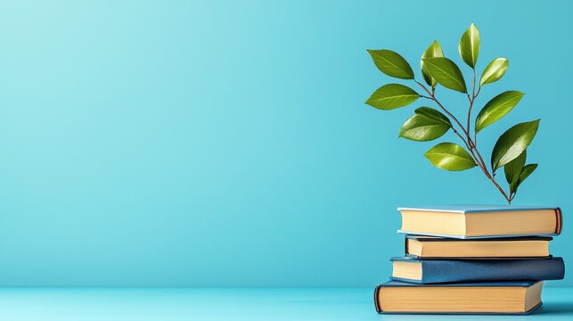 A stack of old books with green leaves sprouting from the top representing the growth and connection between education knowledge and the natural world  This image symbolizes the concept of learning