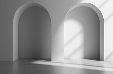 Minimalist white arches with sunlight shadows.