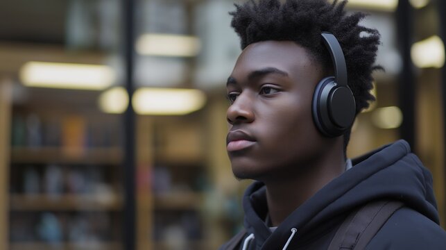 Young man listening to music or podcast outside a library.