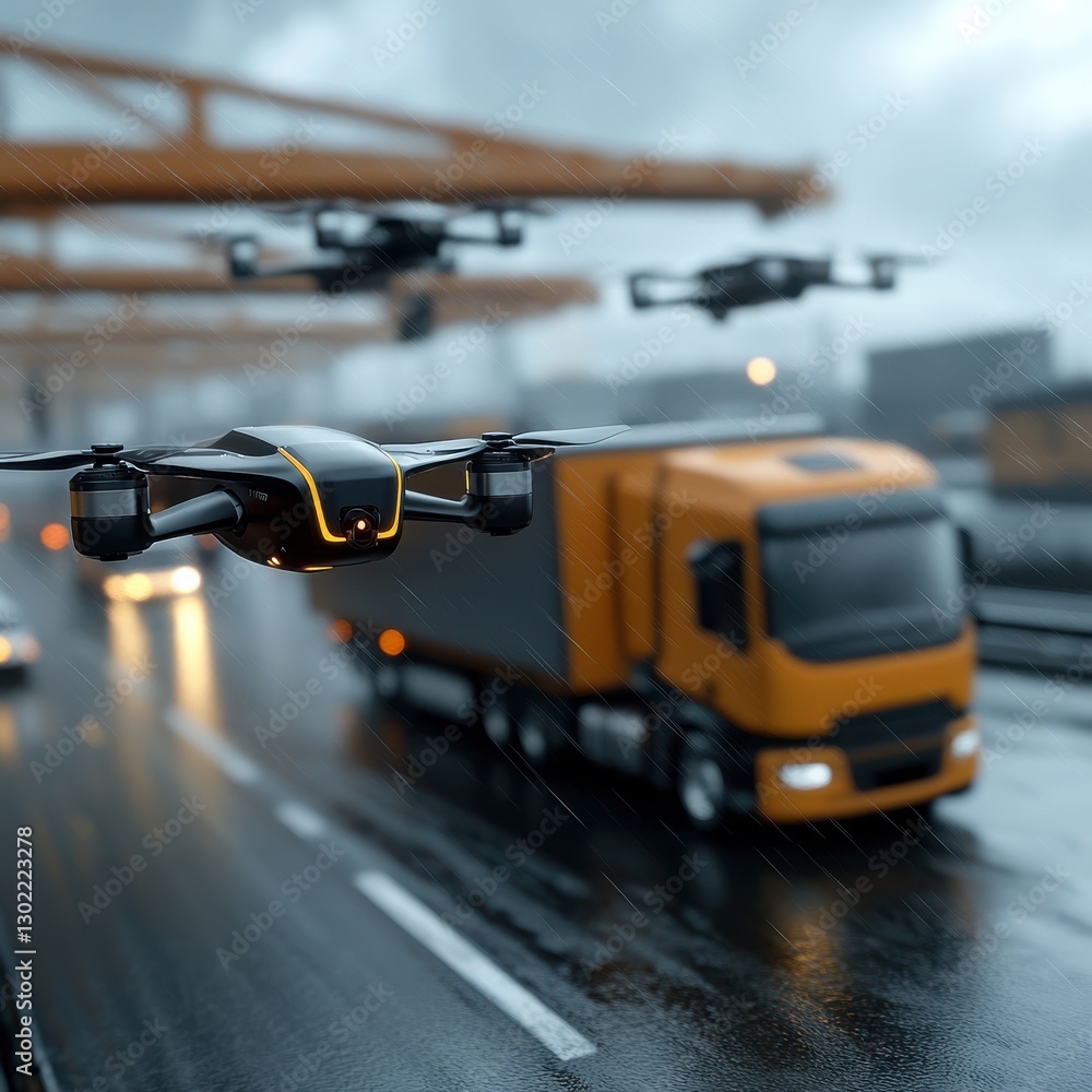 Poster automated drone deliveries soaring over the futuristic highway revolutionizing logistics and transpo
