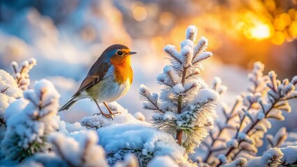 Snowy Bush Landscape: Winter Bird Resting on Snow-Covered Branches