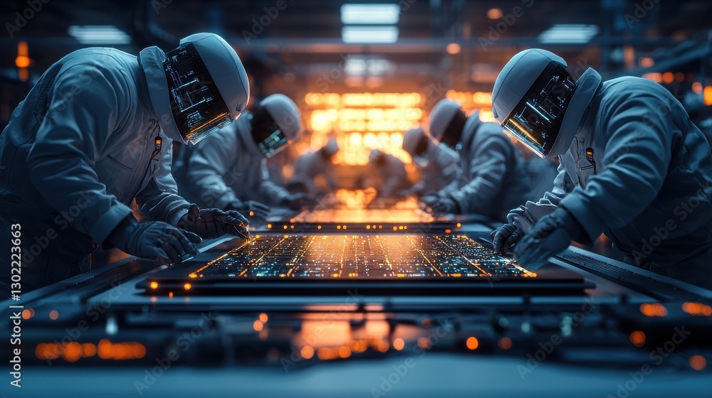 Poster a group of engineers and technicians collaborating on an advanced electronic circuit board in a high
