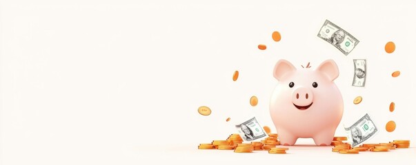 A pink ceramic piggy bank surrounded by stacks of dollar bills and scattered coins symbolizing the concept of savings financial growth and wealth building