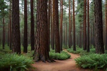 Obraz premium Path Through Majestic Pine Woodland: Towering Evergreens and the Scent of Pine Needles in a Serene Backdrop.