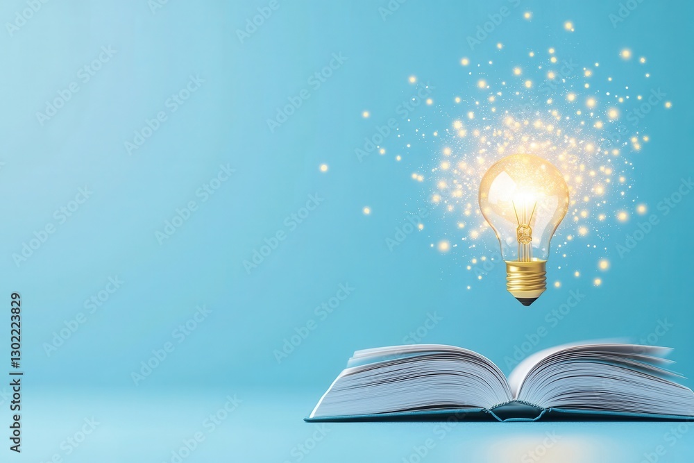 Poster bright lightbulb illuminating an open book on a blue background representing the concept of educatio