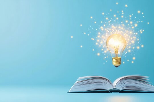 Bright lightbulb illuminating an open book on a blue background representing the concept of education learning creativity and the power of knowledge and innovation