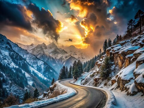 Snowy Himalayan Road: Jispa, Himachal Pradesh Winter Landscape