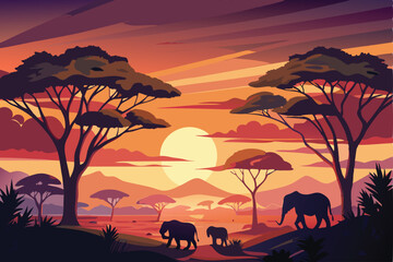 Majestic African Savanna at Sunset with Silhouetted Wildlife landscape vector illustration. The scene features a large acacia tree as the central focus, with silhouettes of animals 