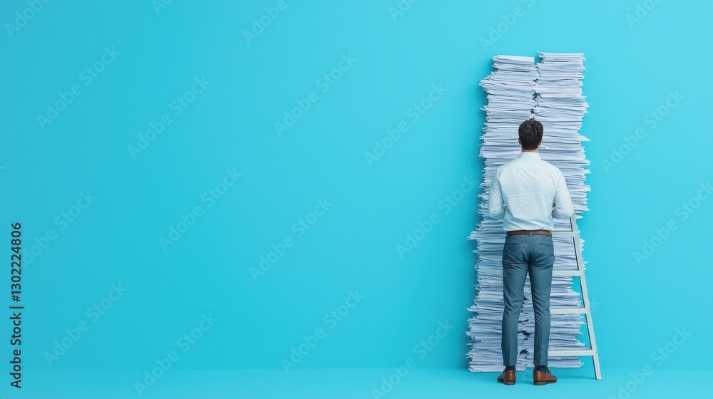 Poster businessman standing on ladder reaching up for paperwork stack in an organized efficient workspace c