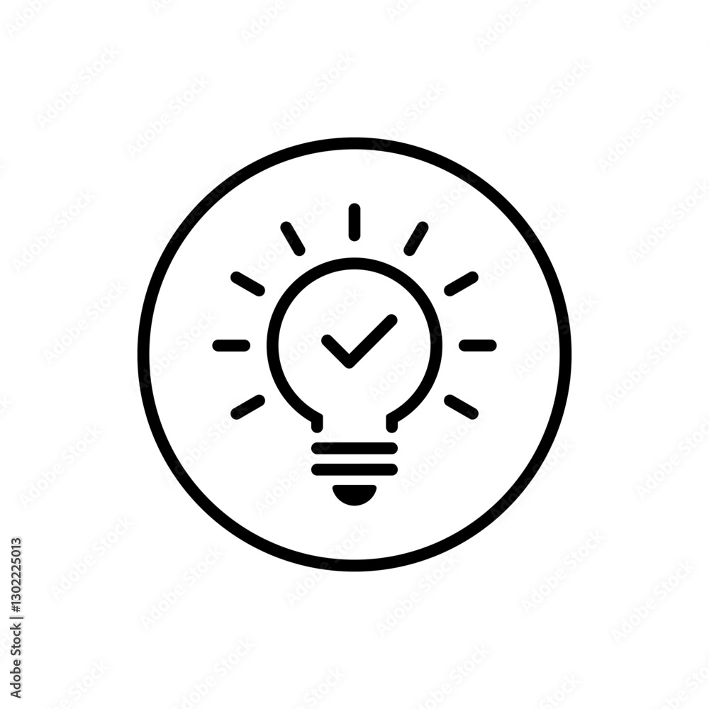 Poster light bulb outline with check mark icon on circle line. lamp with tick sign symbol