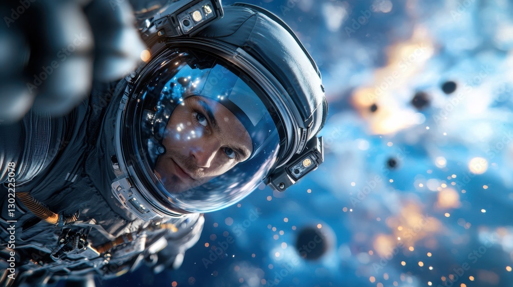 Poster astronaut floating in vast enigmatic universe wearing advanced spacesuit with transparent helmet gaz