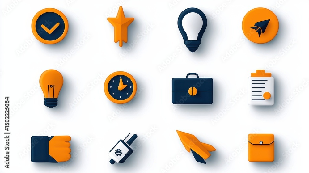 Poster a collection of conceptual icons and symbols representing various aspects of business strategy innov