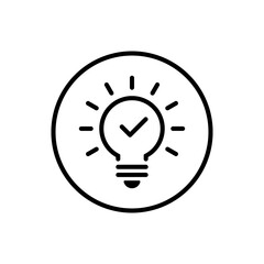 Light bulb outline with check mark icon on circle line. Lamp with tick sign symbol